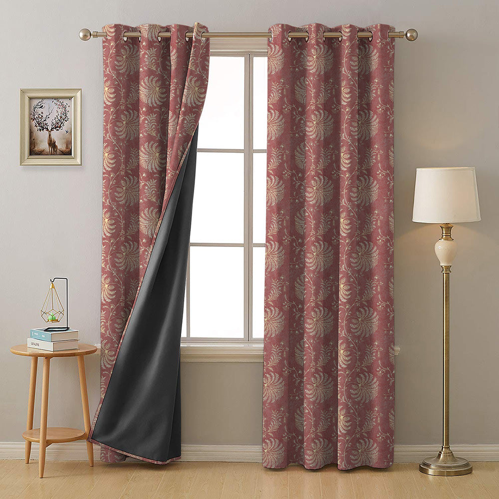 Vines of Heritage Indie Dusty Pink Heavy Satin Room Darkening Curtains Set Of 2 - (DS409B)