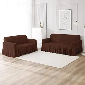 Elastic Stretchable 280 GSM Bubble Sofa Cover with Frill, Dark Brown