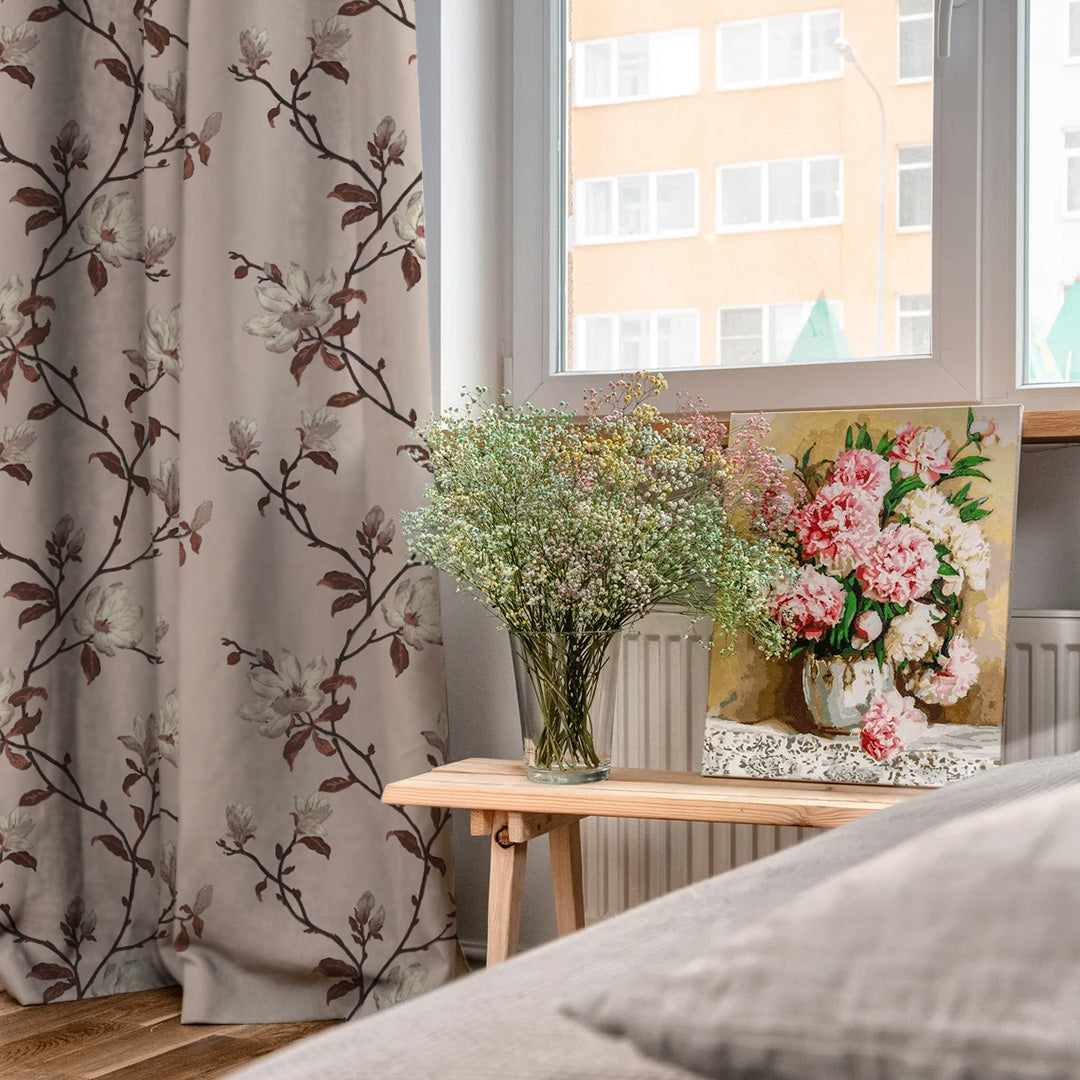 Blooming Vines Floral Dusty Beige Heavy Satin Room Darkening Curtains Set Of 2 - (DS427A)