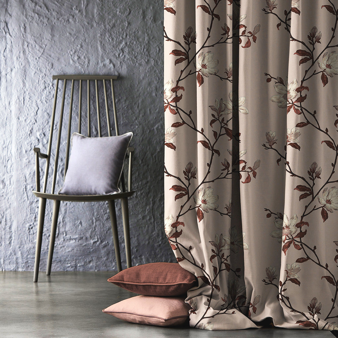 Blooming Vines Floral Dusty Beige Heavy Satin Room Darkening Curtains Set Of 2 - (DS427A)