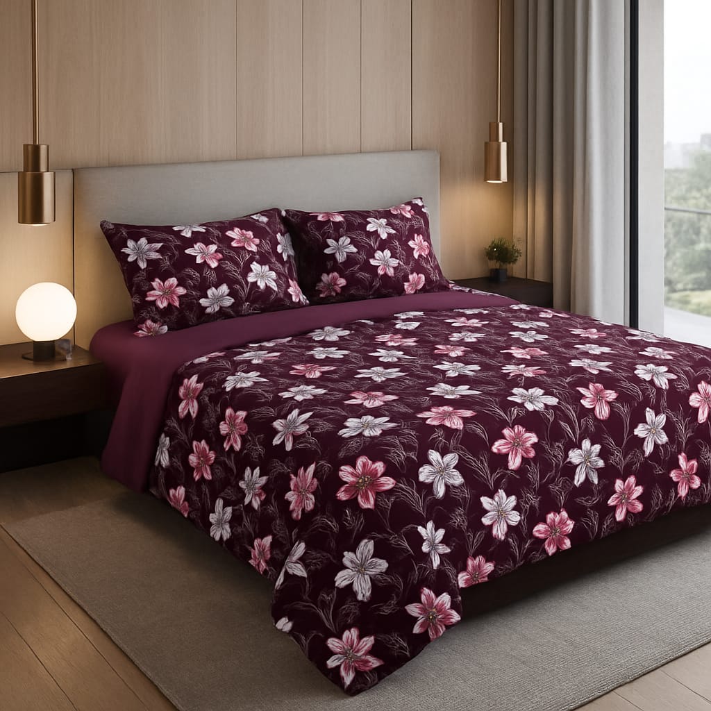Purple Floral Print / Pure Cotton King Size Bedsheet - Super Furnishing