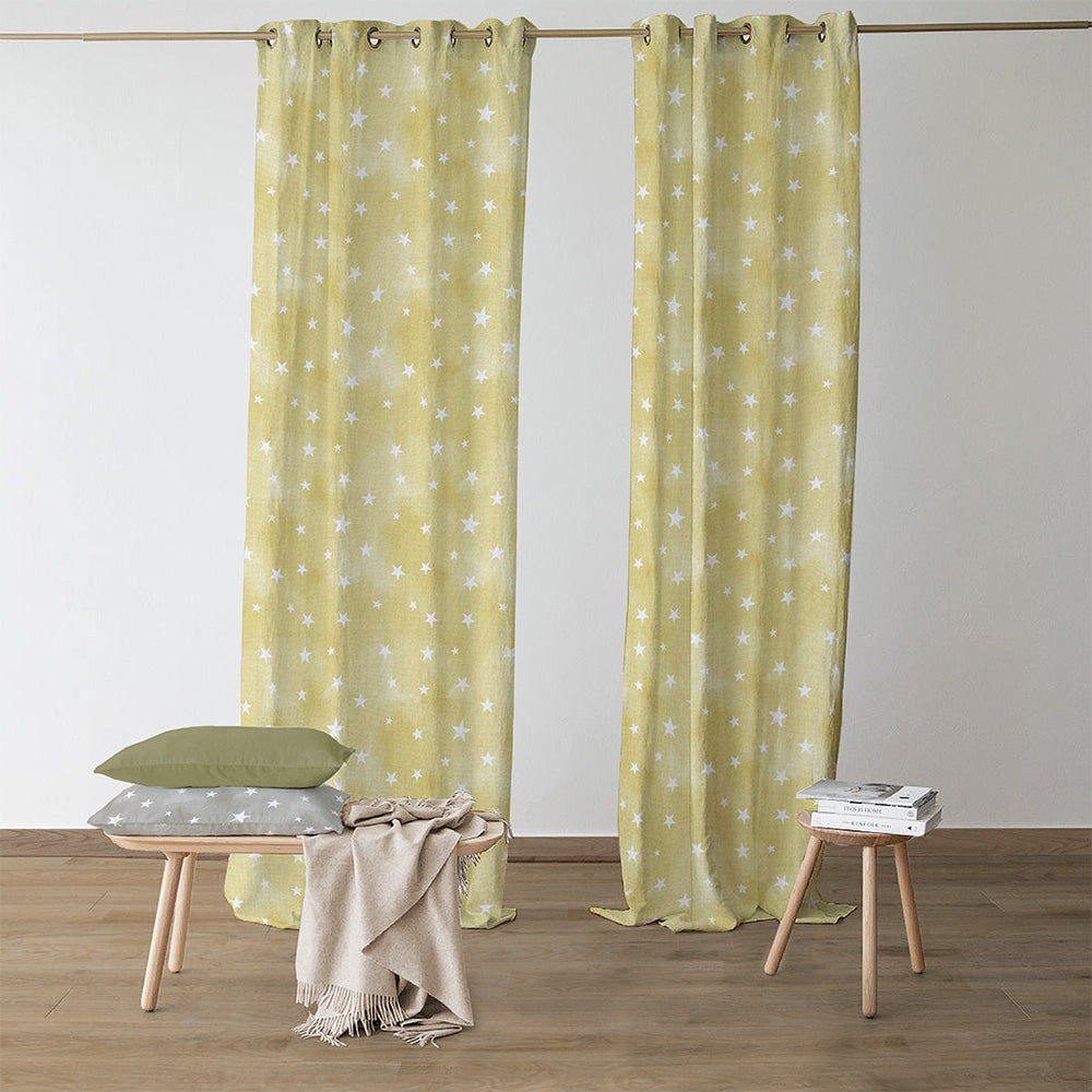 Starry Dreams Kids Lemon Yellow Heavy Satin Room Darkening Curtains Set Of 2 - (DS463B)
