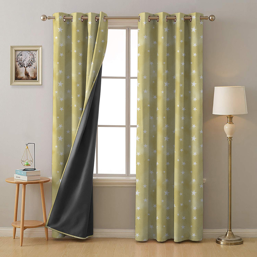 Starry Dreams Kids Lemon Yellow Heavy Satin Room Darkening Curtains Set Of 2 - (DS463B)