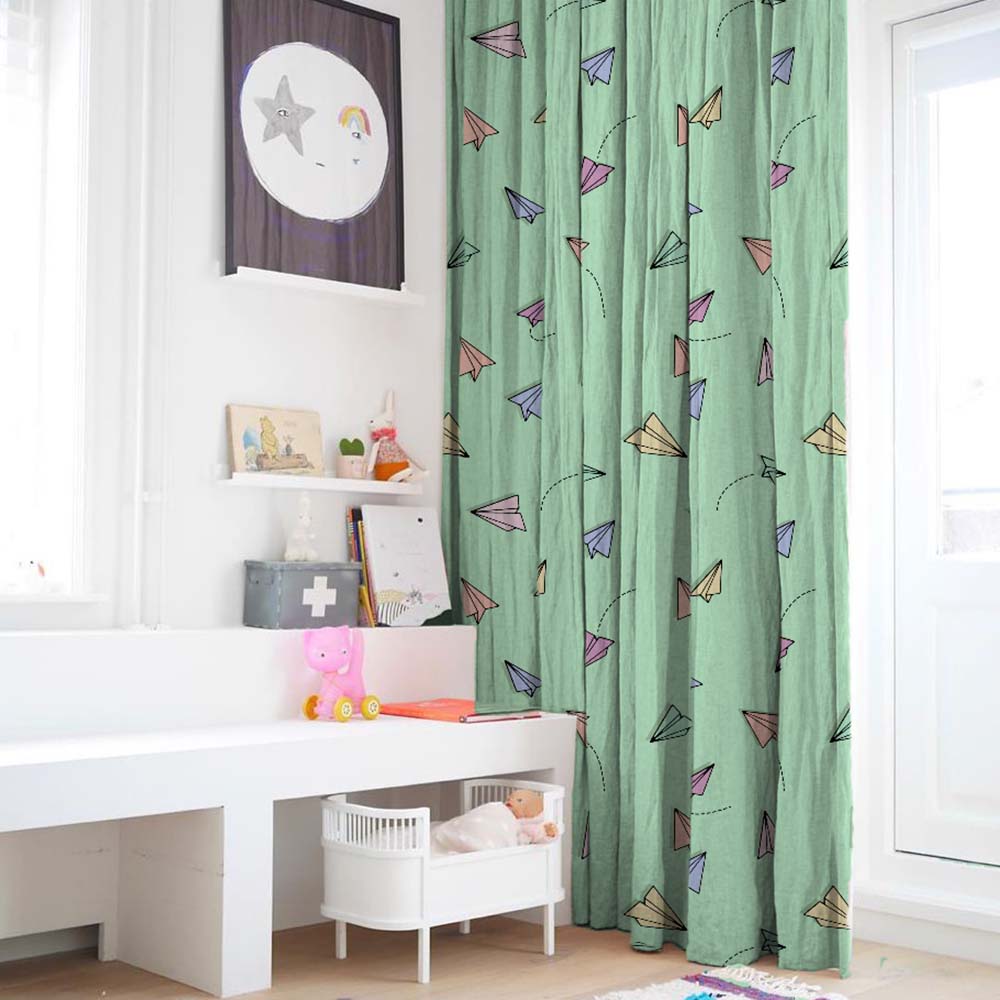 Origami planes Kids Mint Green Heavy Satin Room Darkening Curtains Set Of 2 - (DS464D)