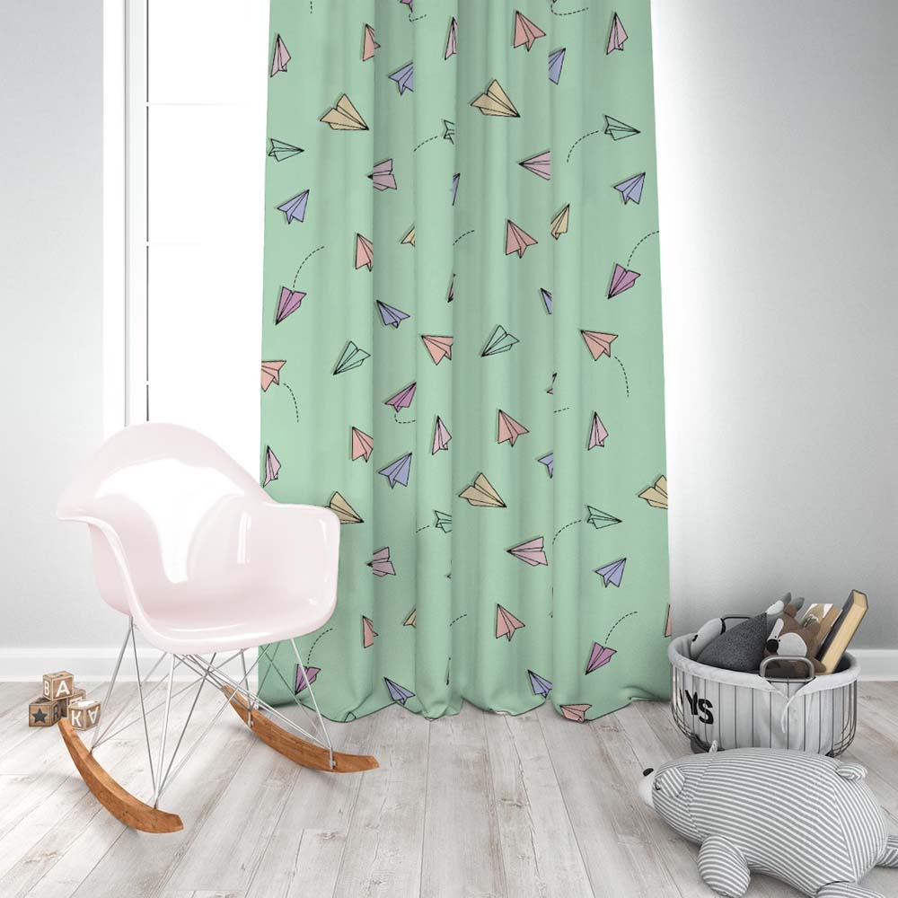 Origami planes Kids Mint Green Heavy Satin Room Darkening Curtains Set Of 2 - (DS464D)