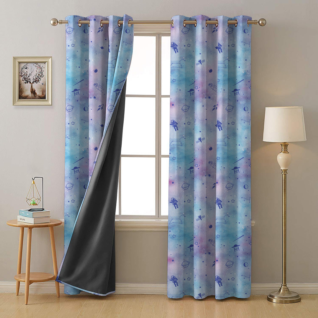 Playful Planets Kids Sky Blue Heavy Satin Room Darkening Curtains Set Of 2 - (DS465B)