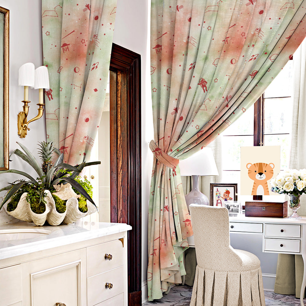 Playful Planets Kids Orange Heavy Satin Room Darkening Curtains Set Of 2 - (DS465D)