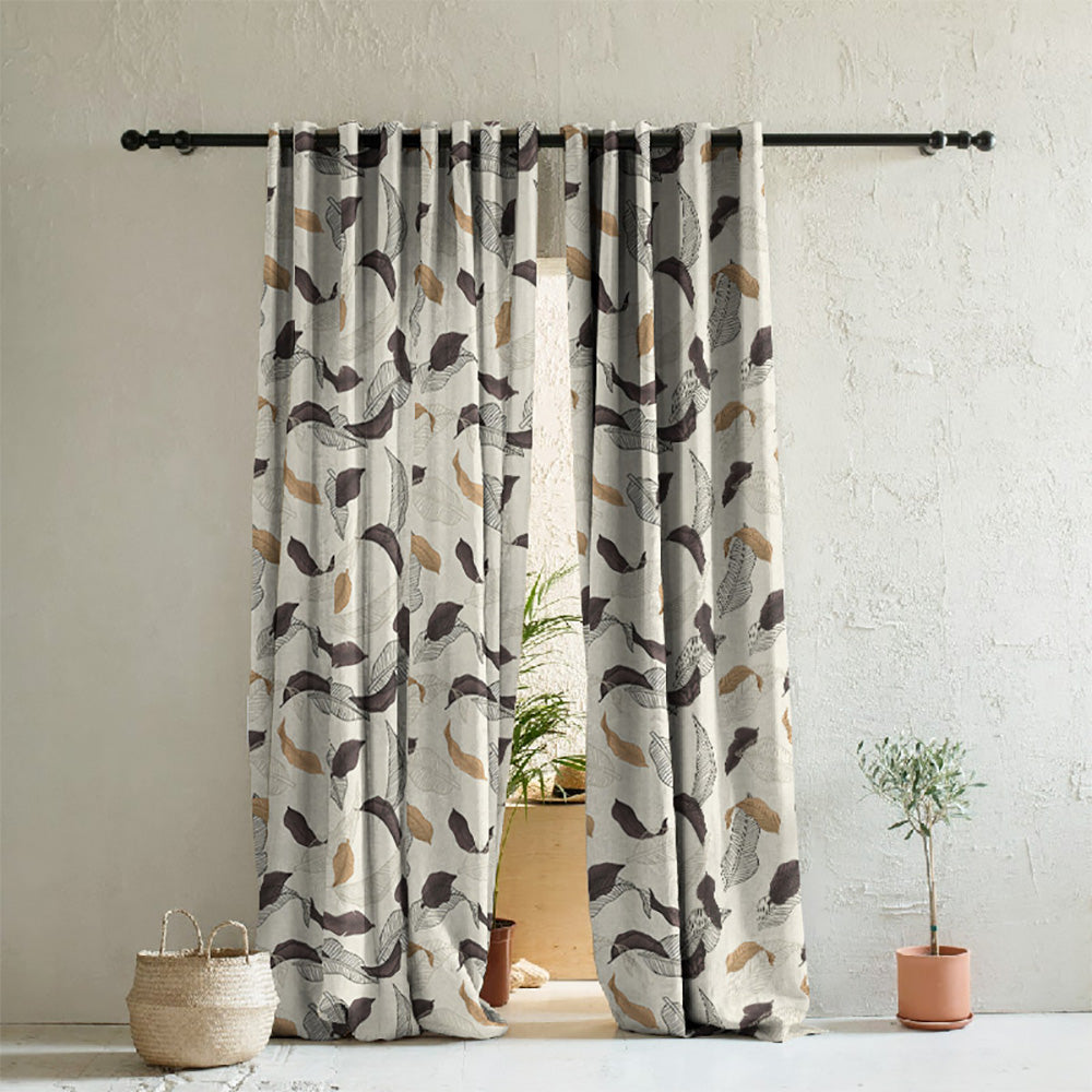 Leafy Drift Floral Charcoal Grey Heavy Satin Room Darkening Curtains Set Of 2 - (DS467B)