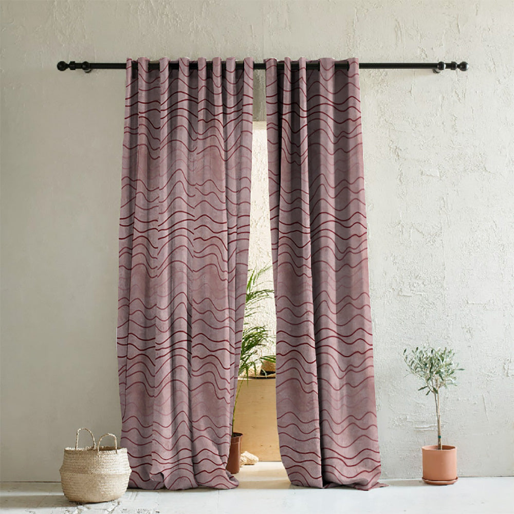 Aqua Swirls Geometric Maroon Heavy Satin Room Darkening Curtains Set Of 2 - (DS469C)