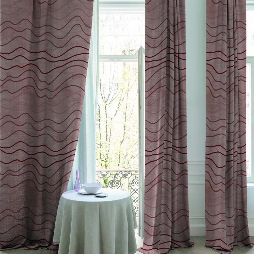 Aqua Swirls Geometric Maroon Heavy Satin Room Darkening Curtains Set Of 2 - (DS469C)