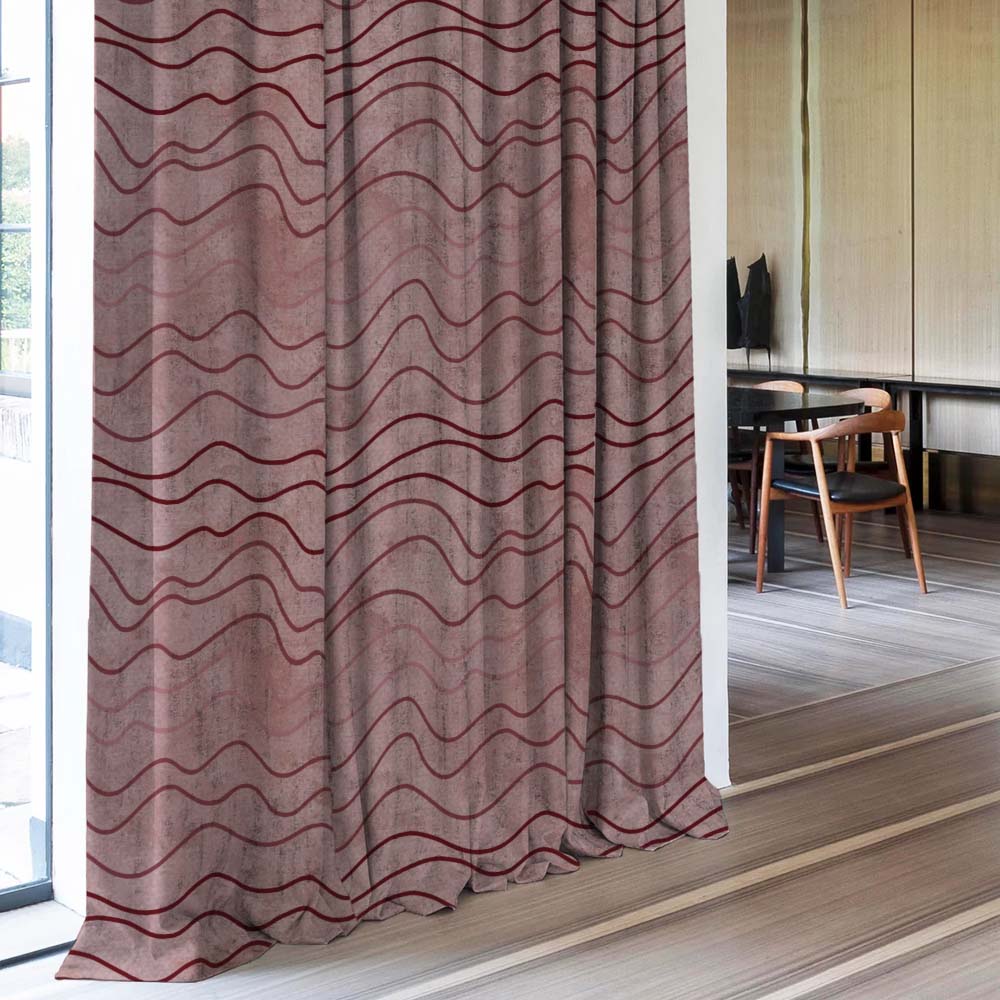 Aqua Swirls Geometric Maroon Heavy Satin Room Darkening Curtains Set Of 2 - (DS469C)