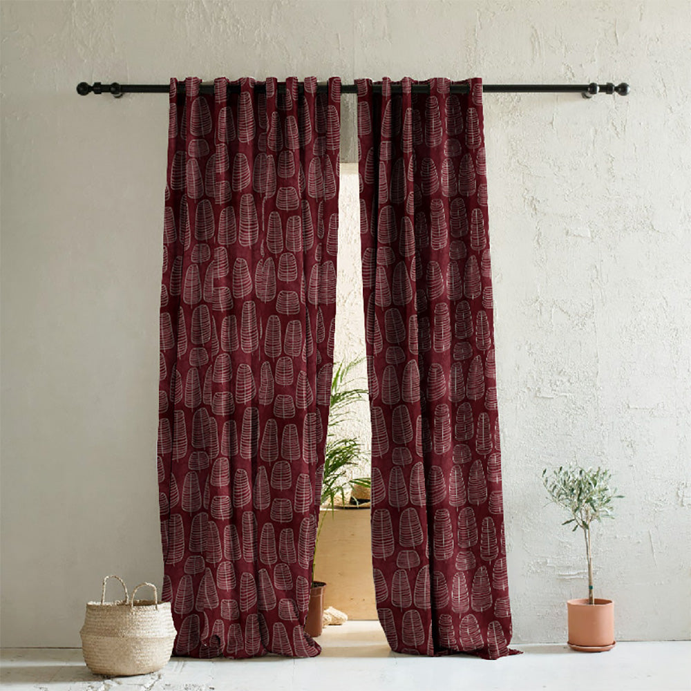 Leaf Tracery Floral Maroon Heavy Satin Room Darkening Curtains Set Of 2 - (DS471C)