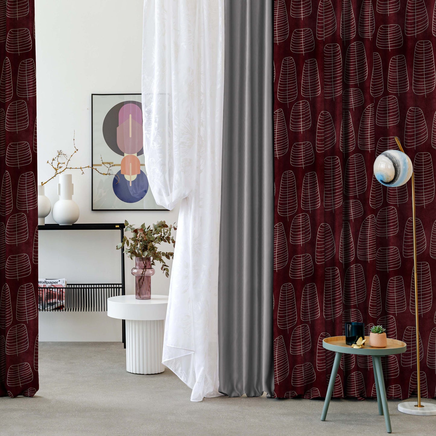 Leaf Tracery Floral Maroon Heavy Satin Room Darkening Curtains Set Of 2 - (DS471C)