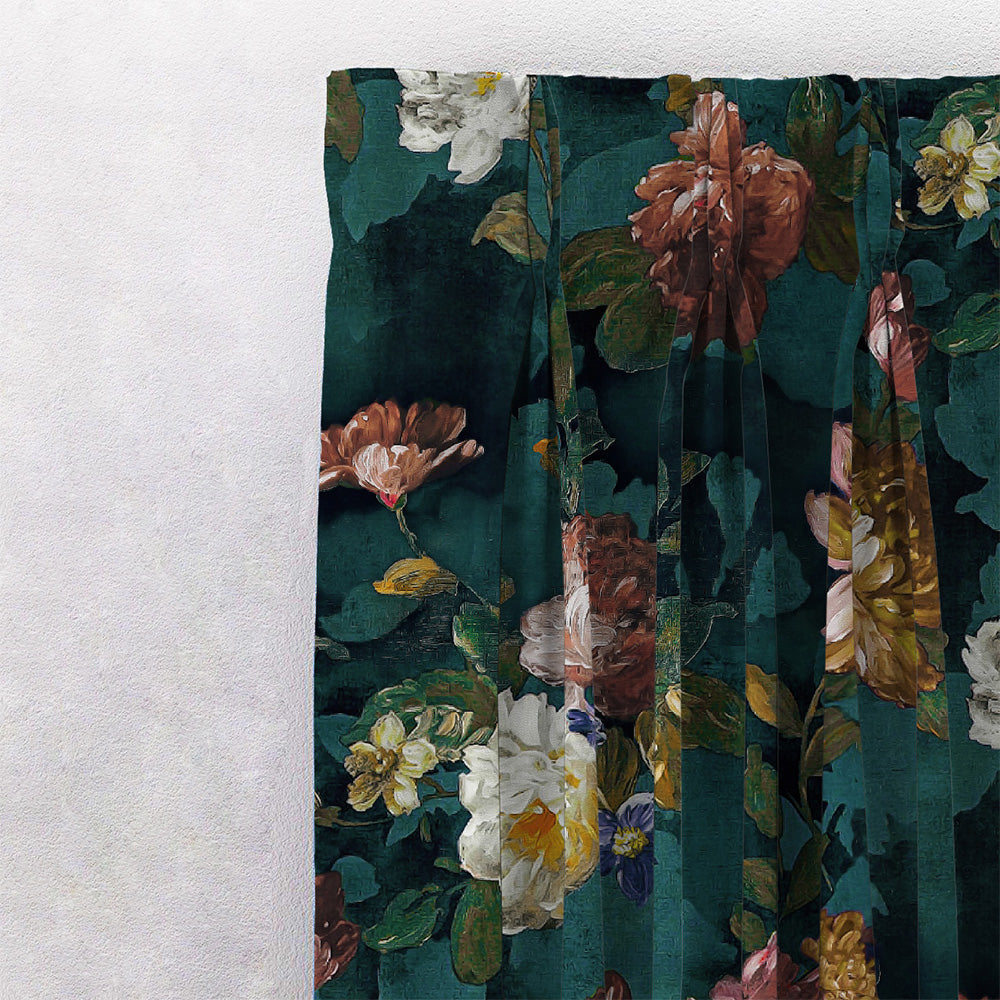 Dark Romance Floral Turquoise Heavy Satin Room Darkening Curtains Set Of 1pc - (DS473B)