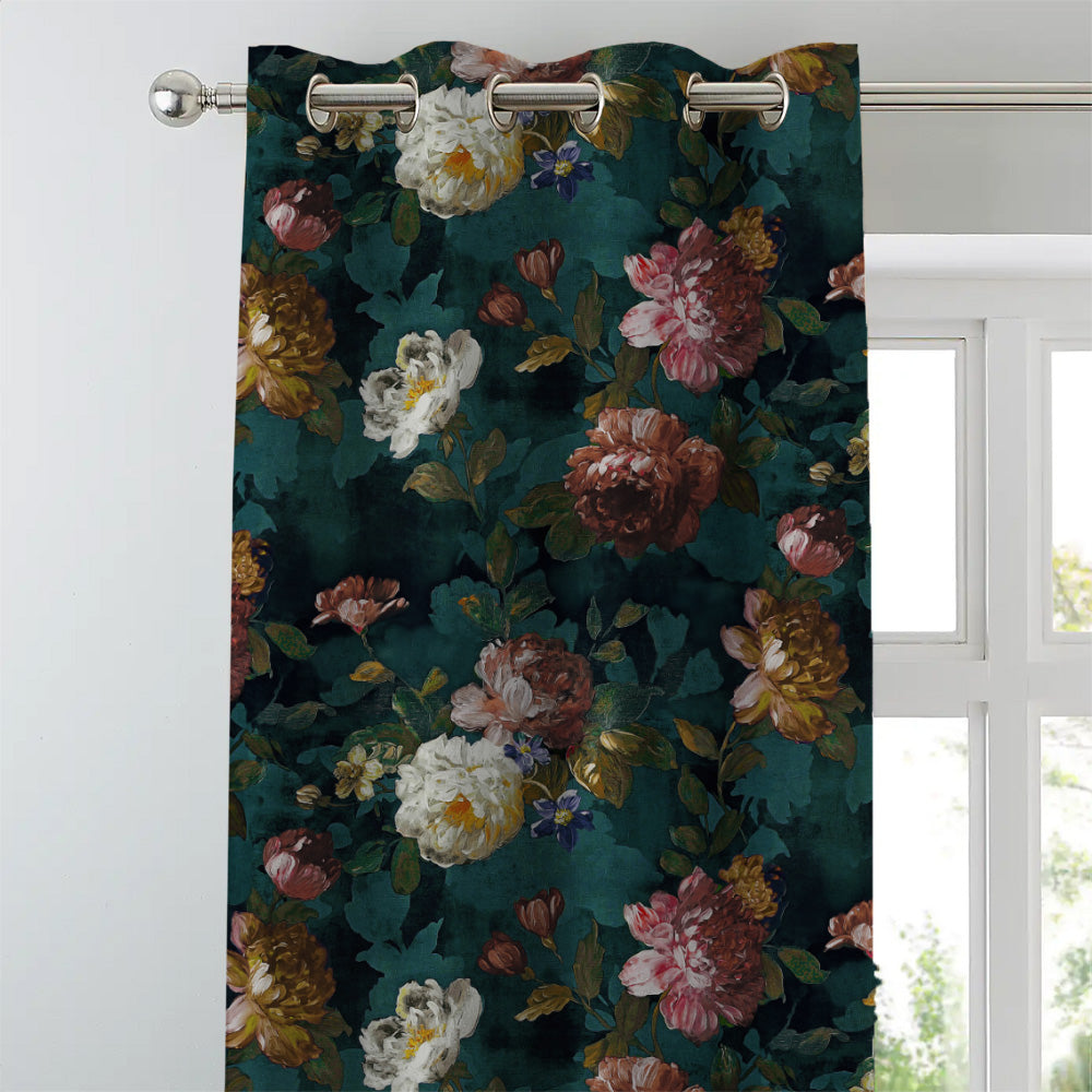 Dark Romance Floral Turquoise Heavy Satin Room Darkening Curtains Set Of 1pc - (DS473B)