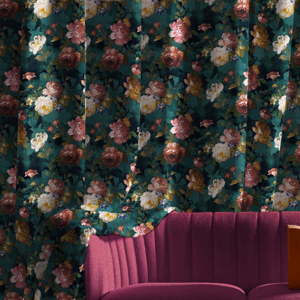 Dark Romance Floral Turquoise Heavy Satin Room Darkening Curtains Set Of 1pc - (DS473B)