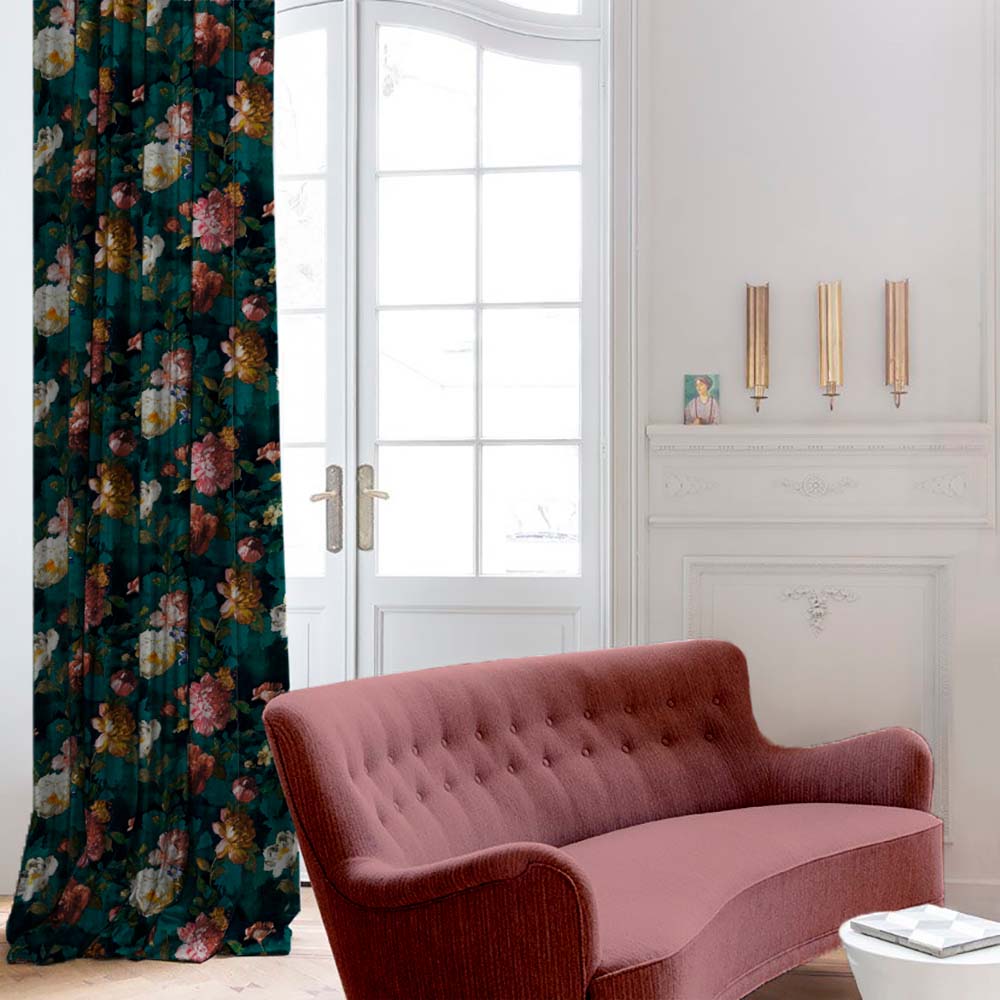 Dark Romance Floral Turquoise Heavy Satin Room Darkening Curtains Set Of 1pc - (DS473B)