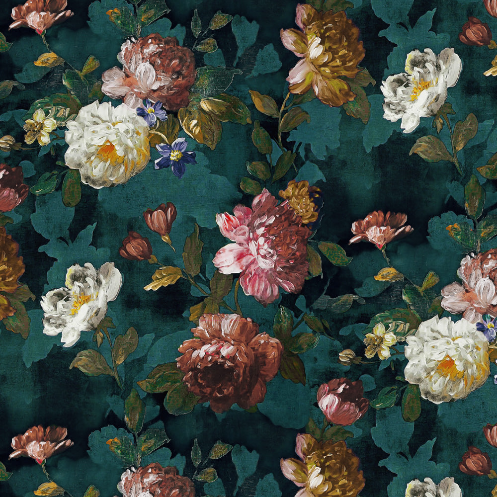 Dark Romance Floral Turquoise Heavy Satin Room Darkening Curtains Set Of 1pc - (DS473B)