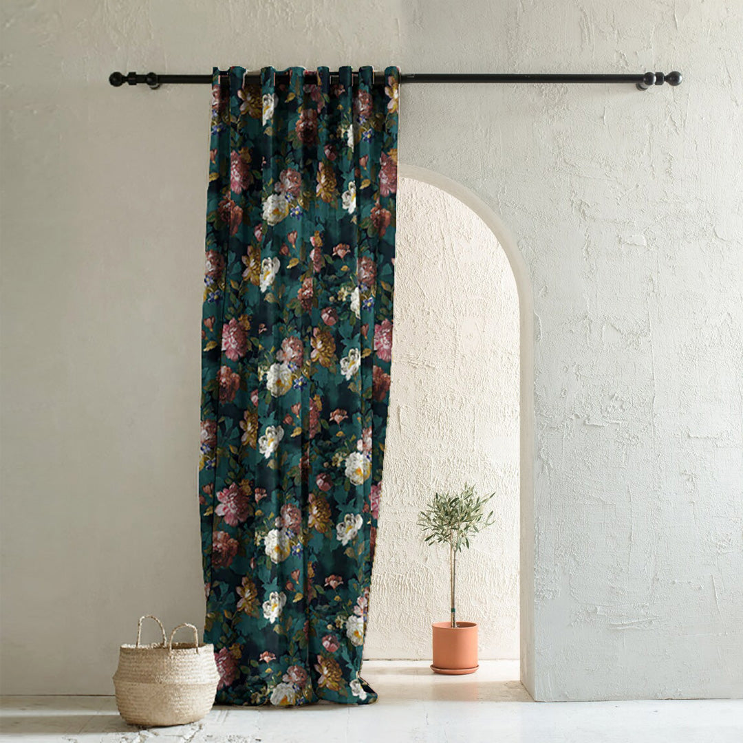 Dark Romance Floral Turquoise Heavy Satin Room Darkening Curtains Set Of 1pc - (DS473B)
