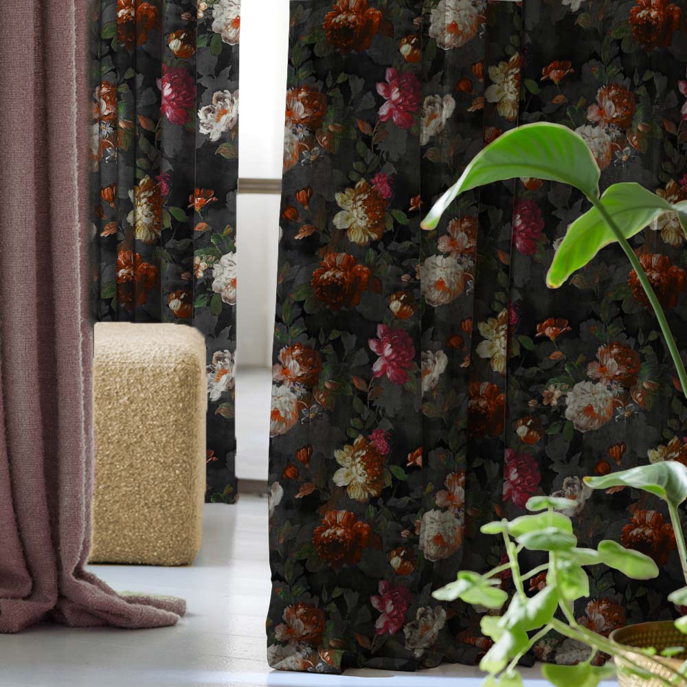 Dark Romance Floral Jade Black Heavy Satin Room Darkening Curtains Set Of 2 - (DS473D)