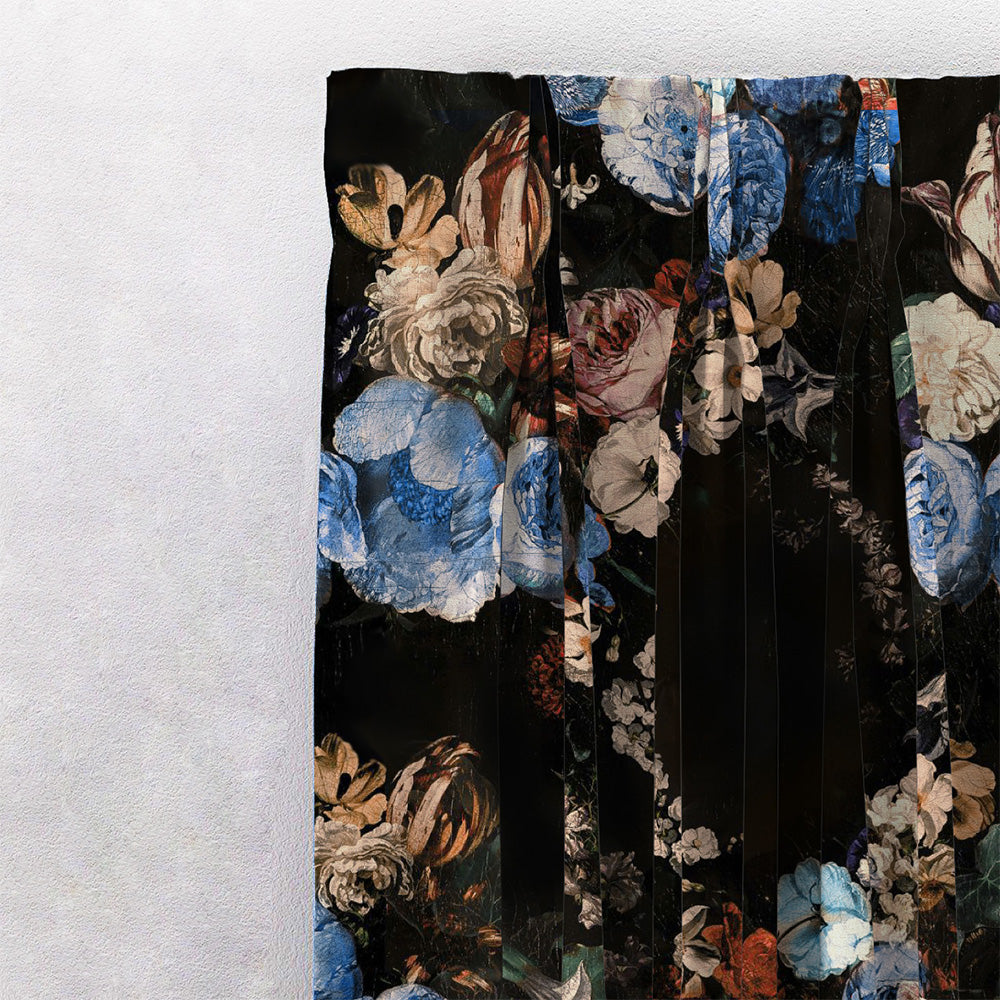Noir Blossom Floral Sky Blue Heavy Satin Room Darkening Curtains Set Of 2 - (DS474A)