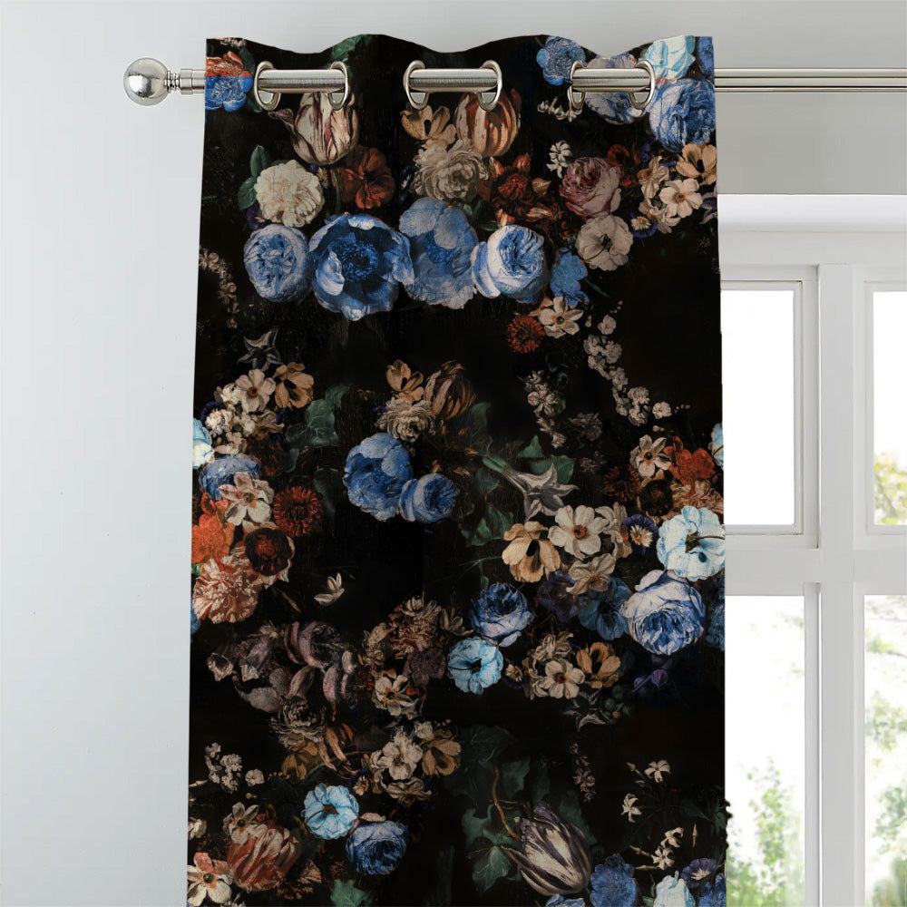 Noir Blossom Floral Sky Blue Heavy Satin Room Darkening Curtains Set Of 2 - (DS474A)