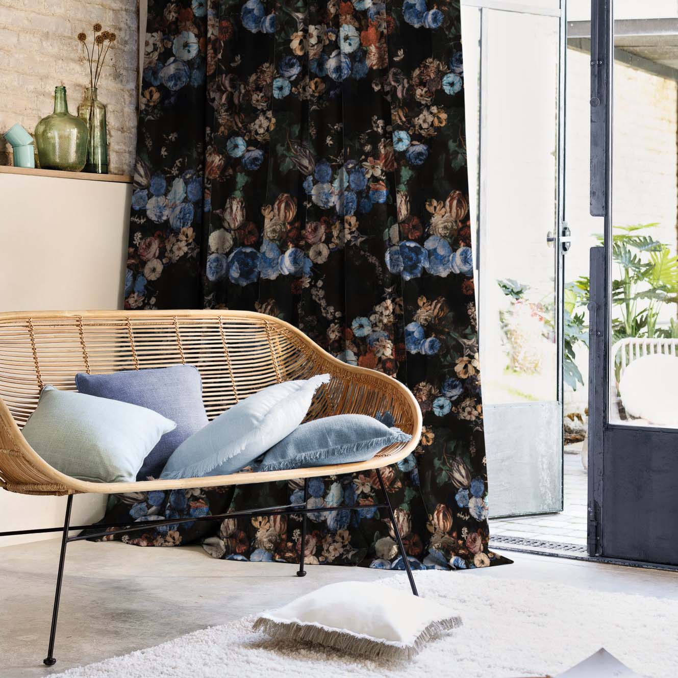 Noir Blossom Floral Sky Blue Heavy Satin Room Darkening Curtains Set Of 2 - (DS474A)