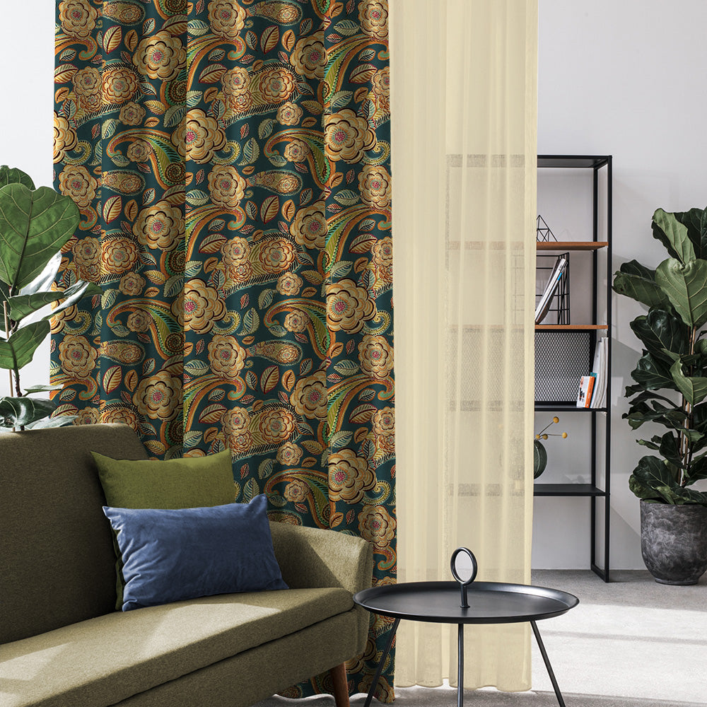Urban Blooms Floral Sea Green Heavy Satin Room Darkening Curtains Set Of 2 - (DS485A)