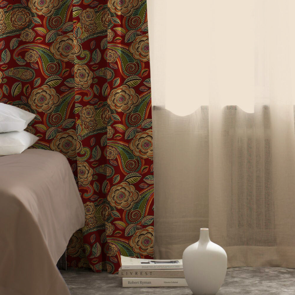 Urban Blooms Floral Bright Red Heavy Satin Room Darkening Curtains Set Of 2 - (DS485B)