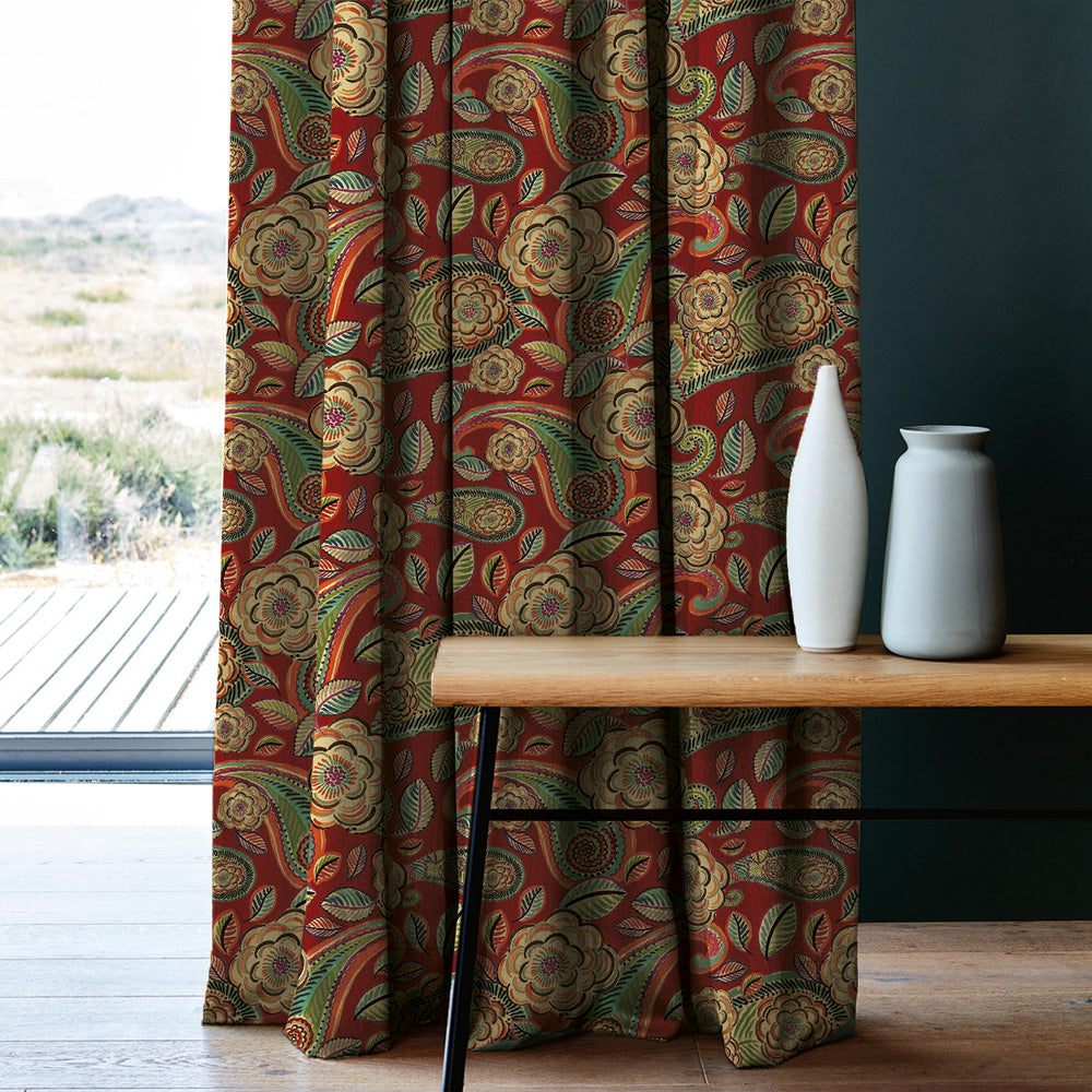 Urban Blooms Floral Bright Red Heavy Satin Room Darkening Curtains Set Of 2 - (DS485B)