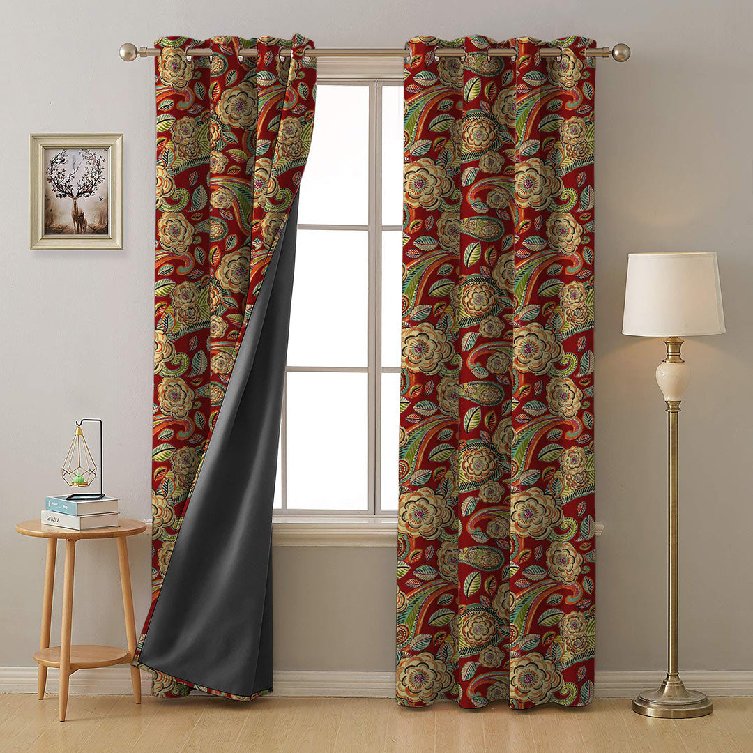 Urban Blooms Floral Bright Red Heavy Satin Room Darkening Curtains Set Of 2 - (DS485B)