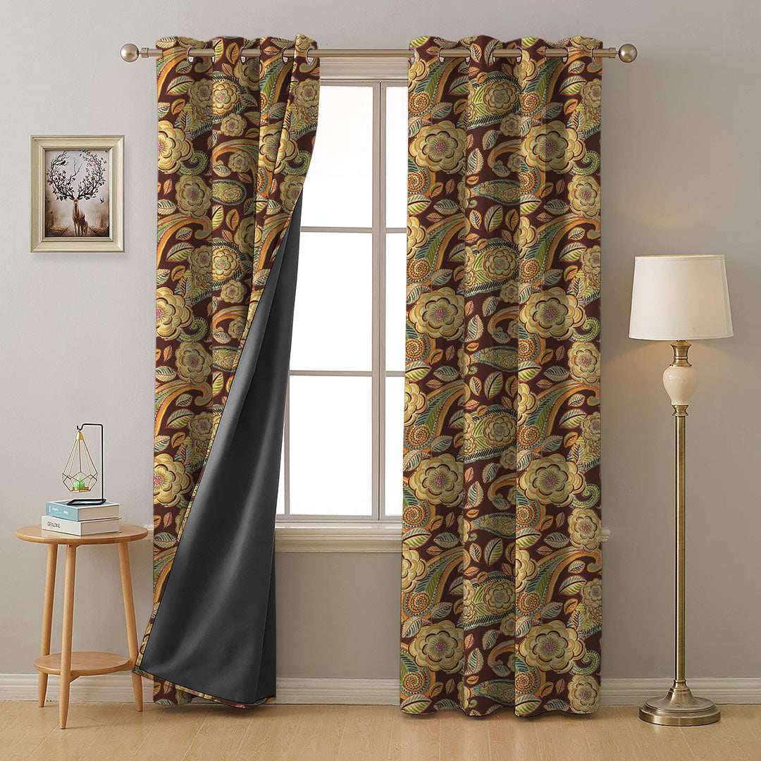 Urban Blooms Floral Cocoa Brown Heavy Satin Room Darkening Curtains Set Of 2 - (DS485C)