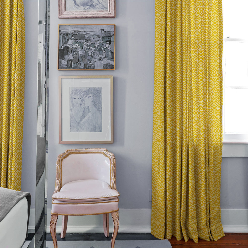 Colorful Knots Indie Yellow Heavy Satin Room Darkening Curtains Set Of 2 - (DS491A)