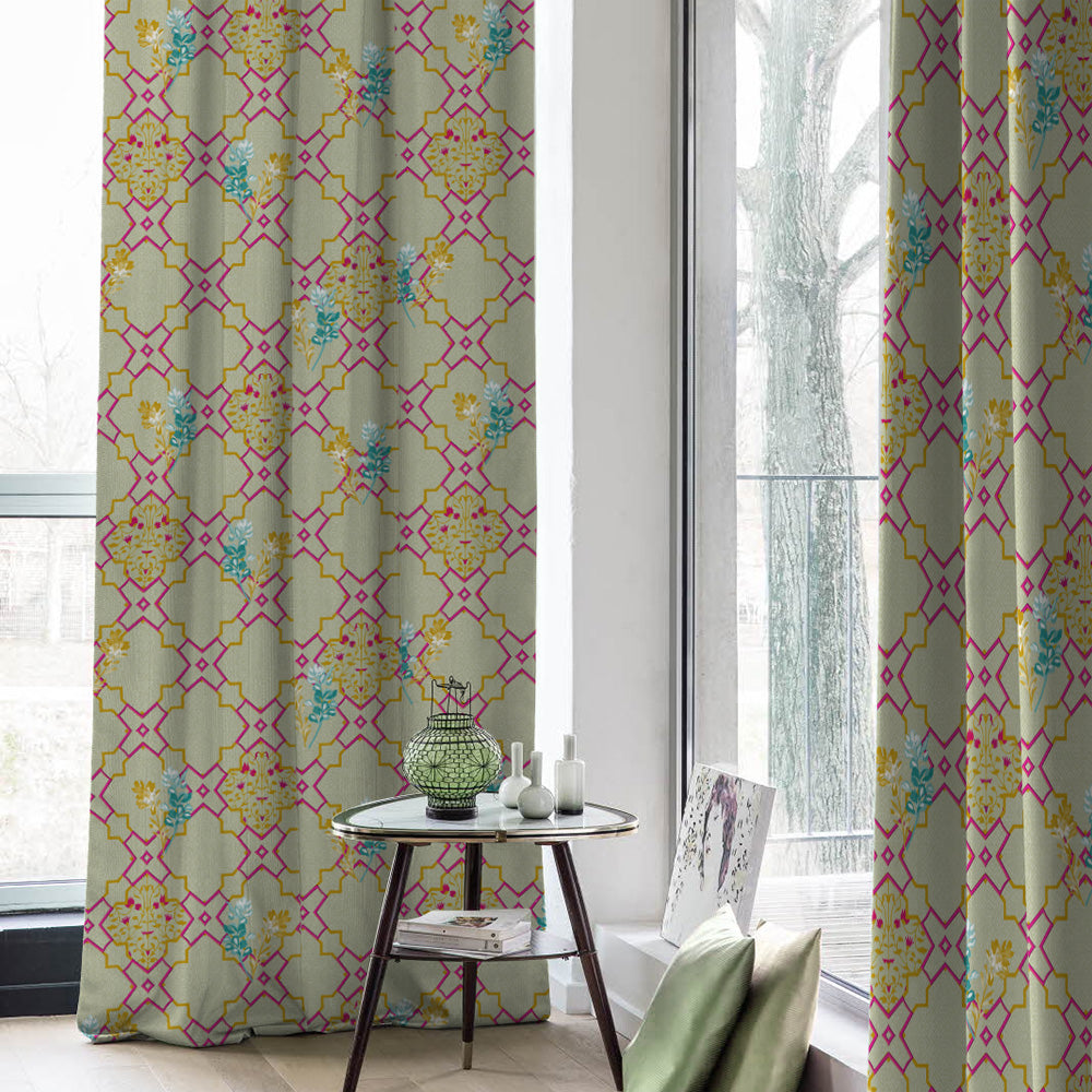 Mughal Garden Indie Flamingo Pink Heavy Satin Room Darkening Curtains Set Of 2 - (DS492A)