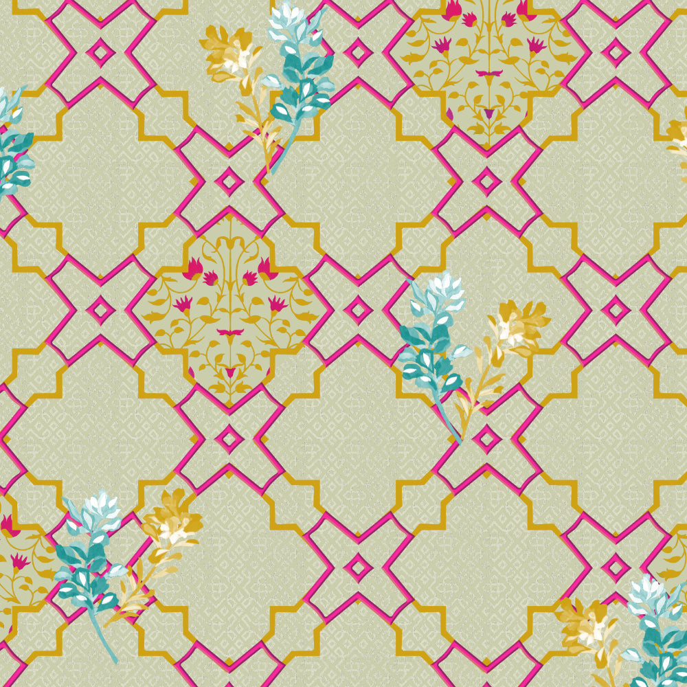 Mughal Garden Indie Flamingo Pink Heavy Satin Room Darkening Curtains Set Of 2 - (DS492A)