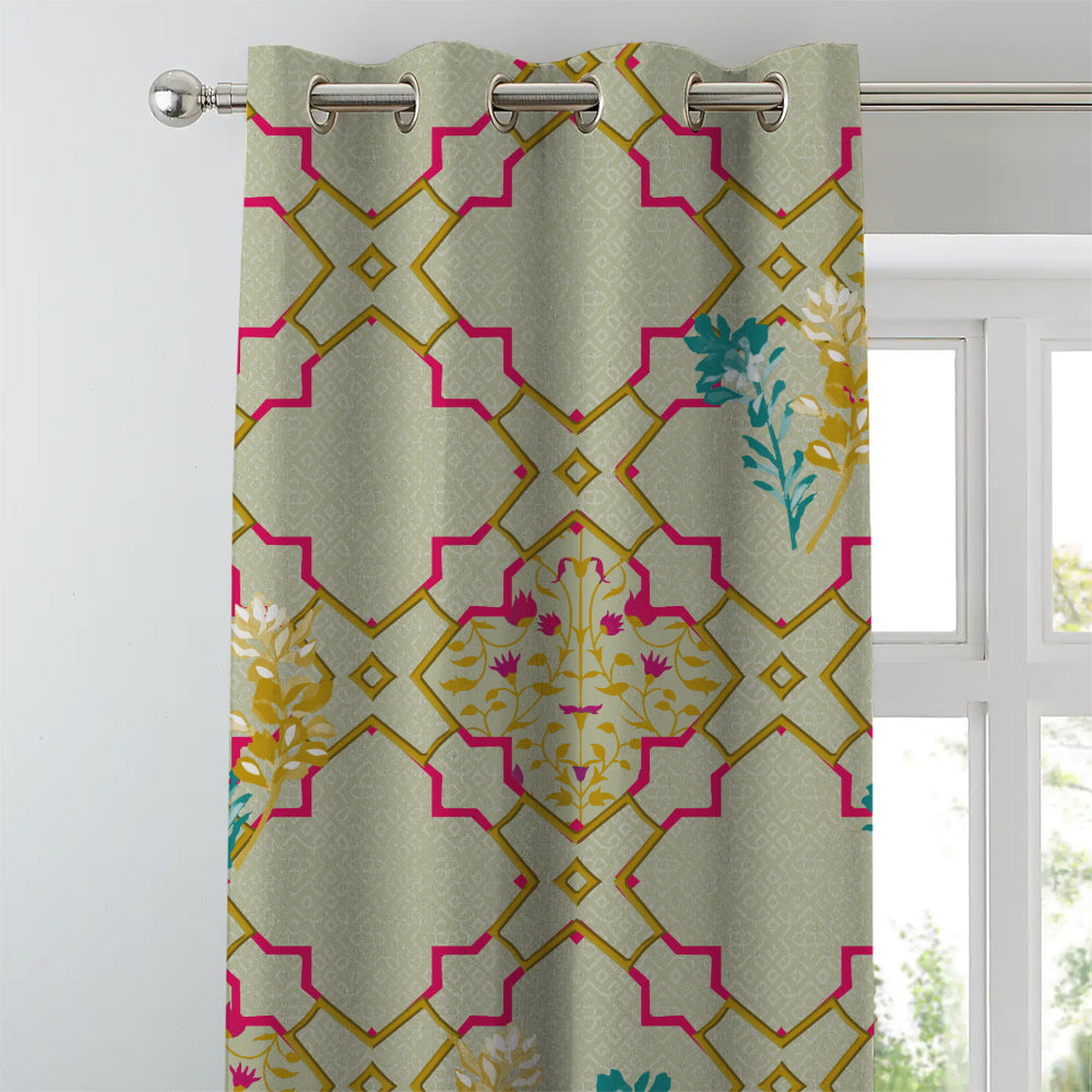 Mughal Garden Indie Sand Yellow Heavy Satin Room Darkening Curtains Set Of 2 - (DS492C)