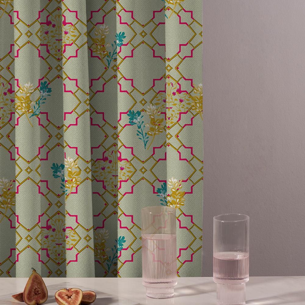 Mughal Garden Indie Sand Yellow Heavy Satin Room Darkening Curtains Set Of 2 - (DS492C)