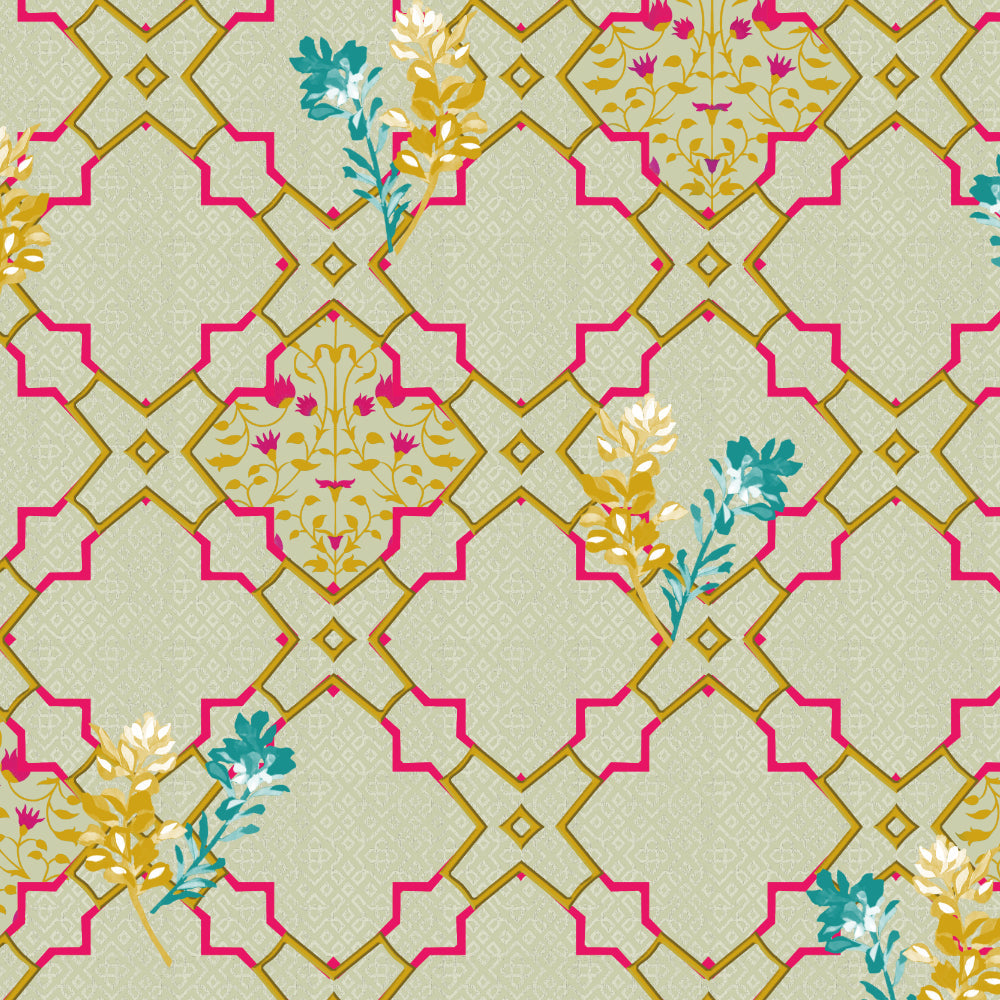 Mughal Garden Indie Sand Yellow Heavy Satin Room Darkening Curtains Set Of 2 - (DS492C)