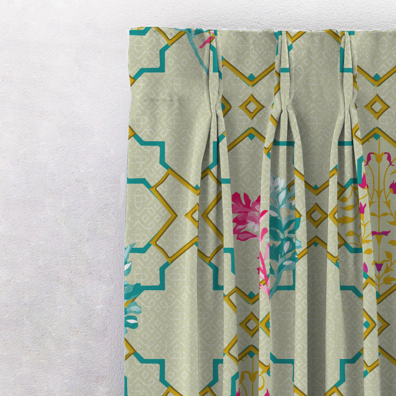 Mughal Garden Indie Turquoise Heavy Satin Room Darkening Curtains Set Of 2 - (DS492D)