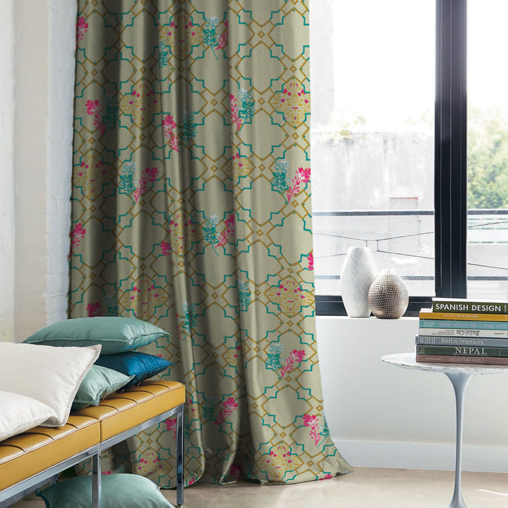 Mughal Garden Indie Turquoise Heavy Satin Room Darkening Curtains Set Of 2 - (DS492D)