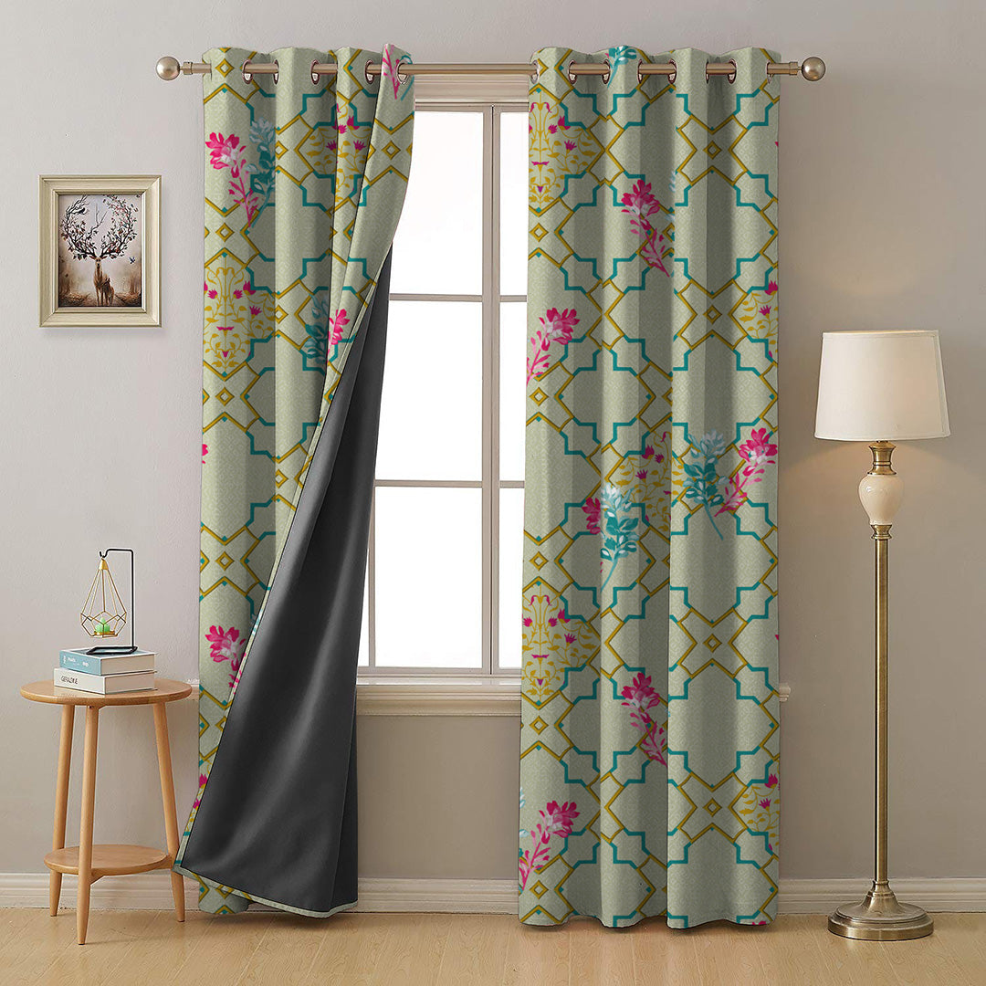 Mughal Garden Indie Turquoise Heavy Satin Room Darkening Curtains Set Of 2 - (DS492D)