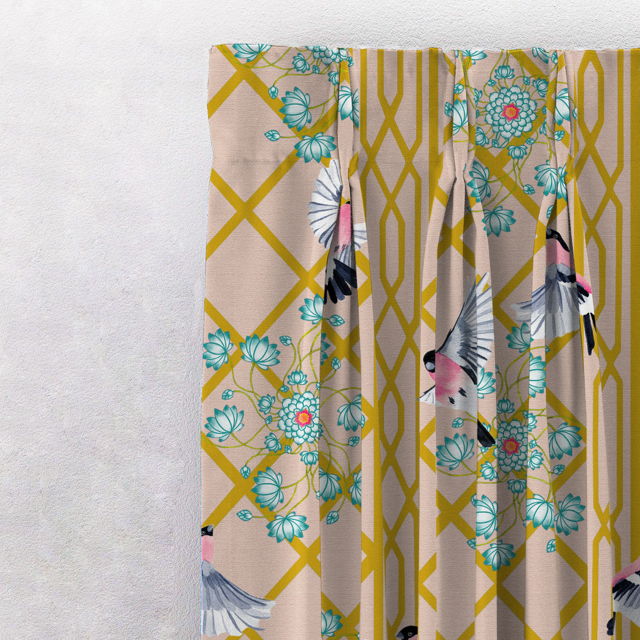 Avian Lotus Indie Mustard Yellow Heavy Satin Room Darkening Curtains Set Of 2 - (DS493B)
