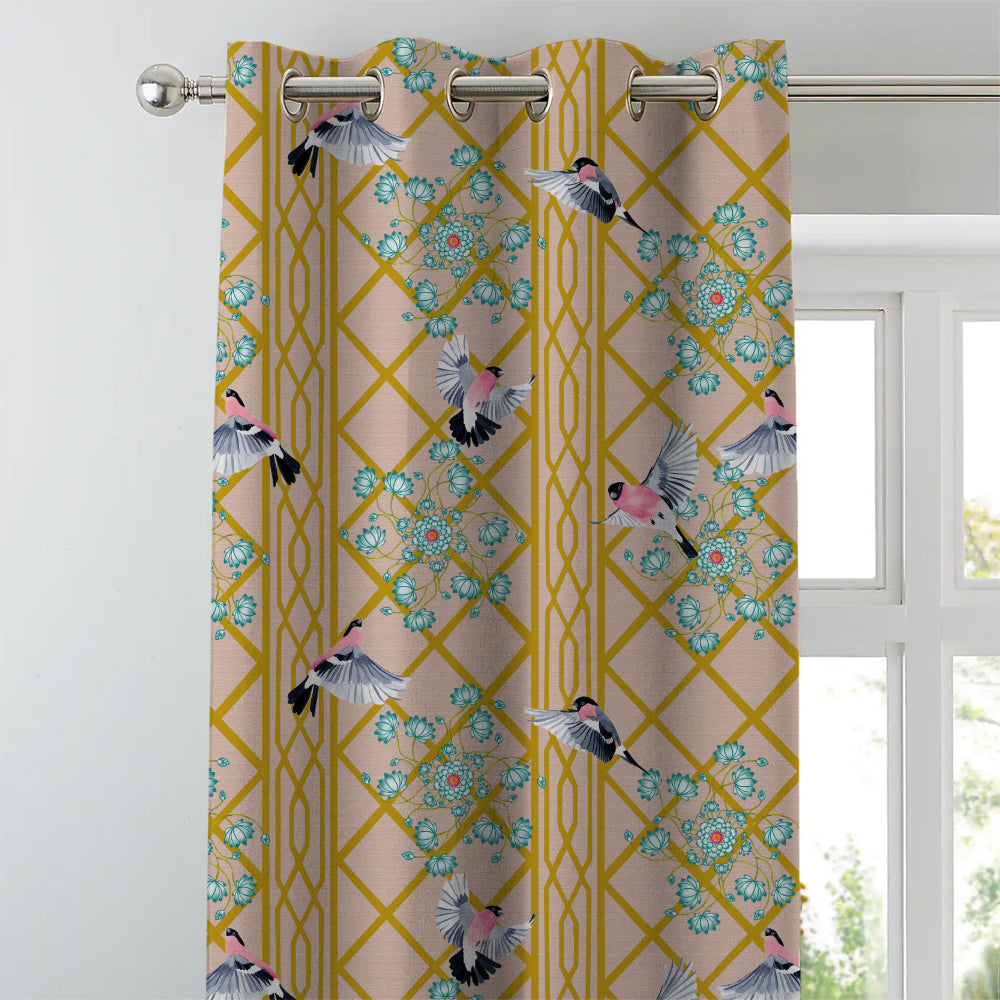 Avian Lotus Indie Mustard Yellow Heavy Satin Room Darkening Curtains Set Of 2 - (DS493B)