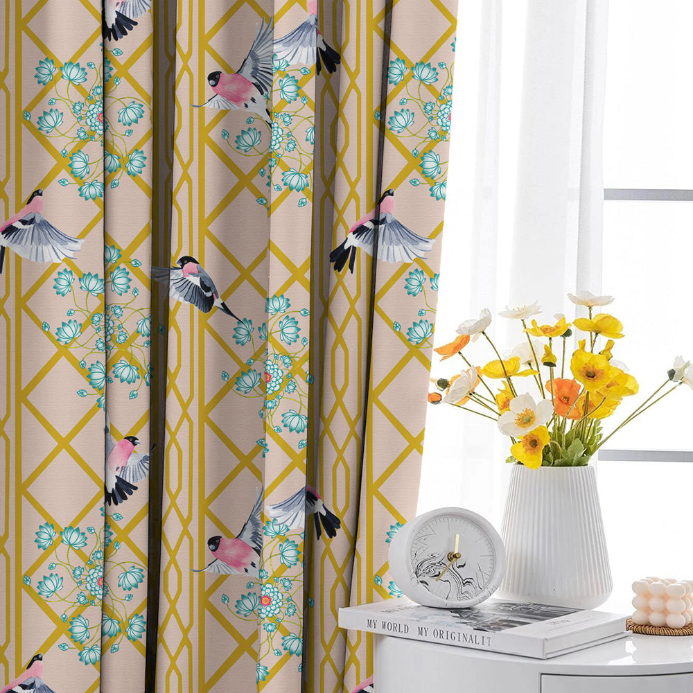 Avian Lotus Indie Mustard Yellow Heavy Satin Room Darkening Curtains Set Of 2 - (DS493B)
