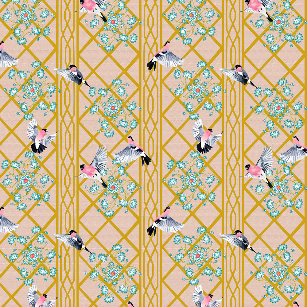 Avian Lotus Indie Mustard Yellow Heavy Satin Room Darkening Curtains Set Of 2 - (DS493B)