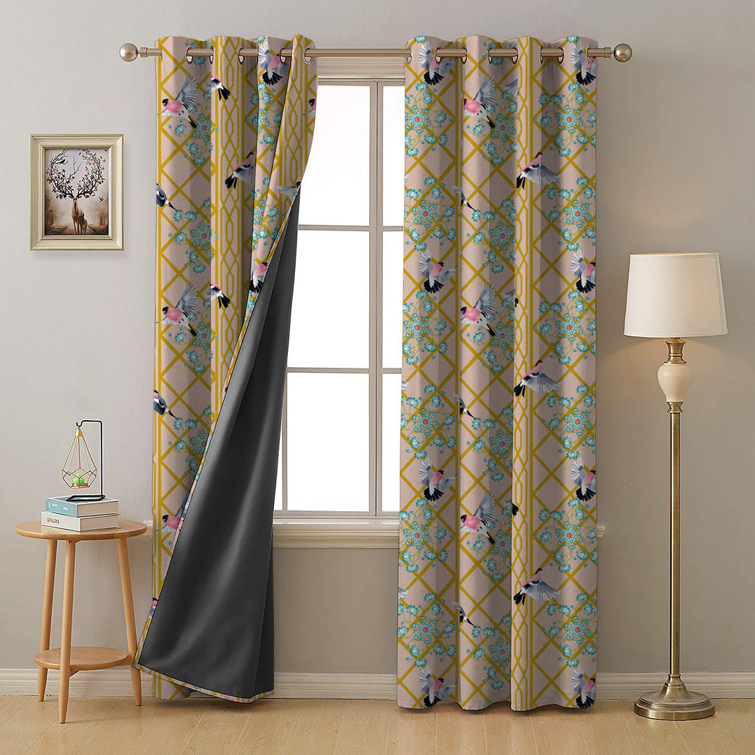 Avian Lotus Indie Mustard Yellow Heavy Satin Room Darkening Curtains Set Of 2 - (DS493B)