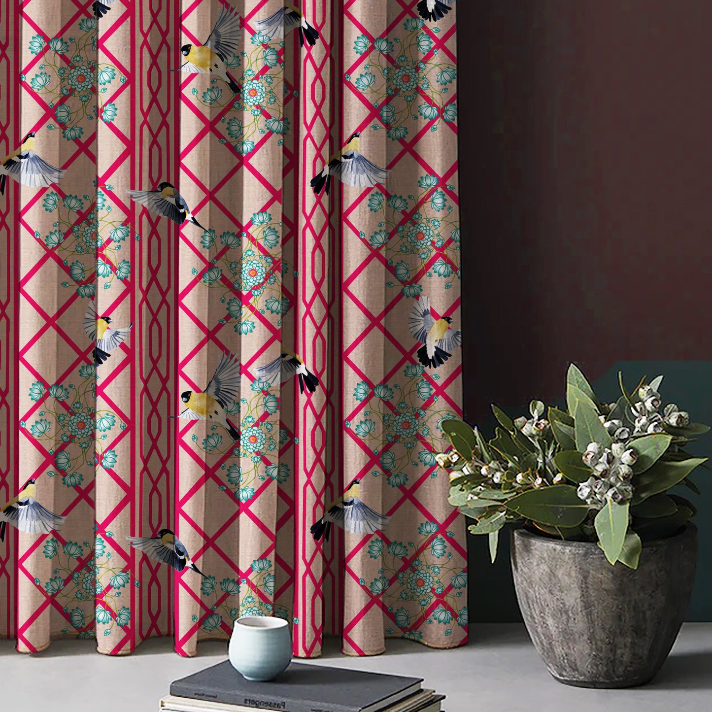 Avian Lotus Indie Bright Red Heavy Satin Room Darkening Curtains Set Of 2 - (DS493D)