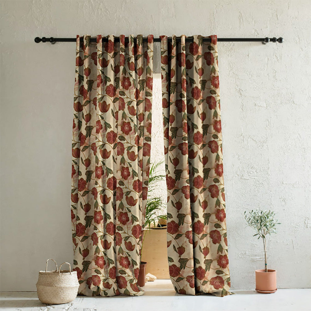 Botanic Blooms Floral Maroon Heavy Satin Room Darkening Curtains Set Of 2 - (DS494B)