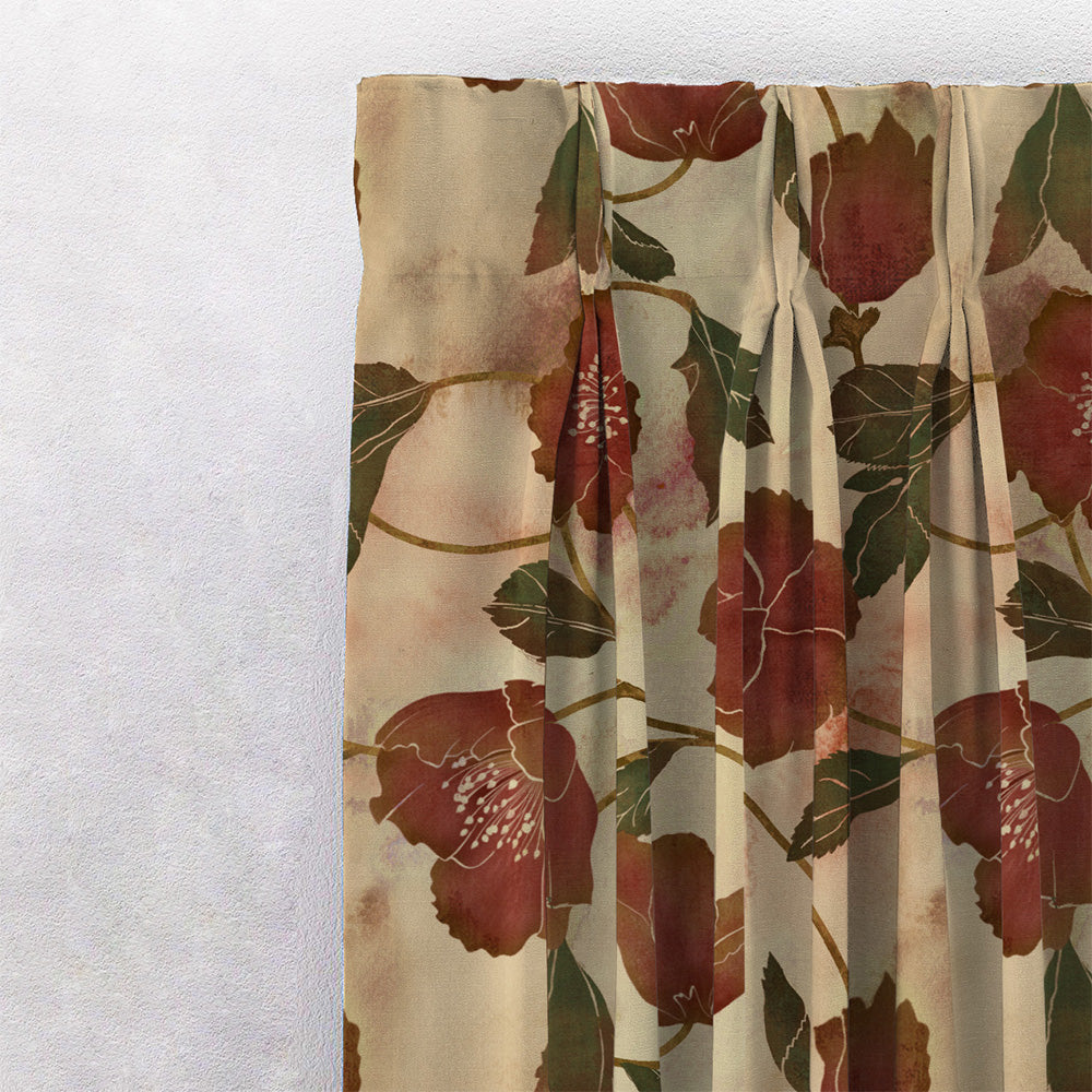 Botanic Blooms Floral Maroon Heavy Satin Room Darkening Curtains Set Of 2 - (DS494B)