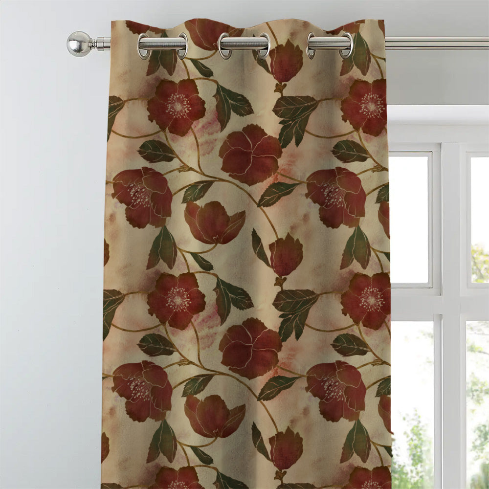 Botanic Blooms Floral Maroon Heavy Satin Room Darkening Curtains Set Of 2 - (DS494B)